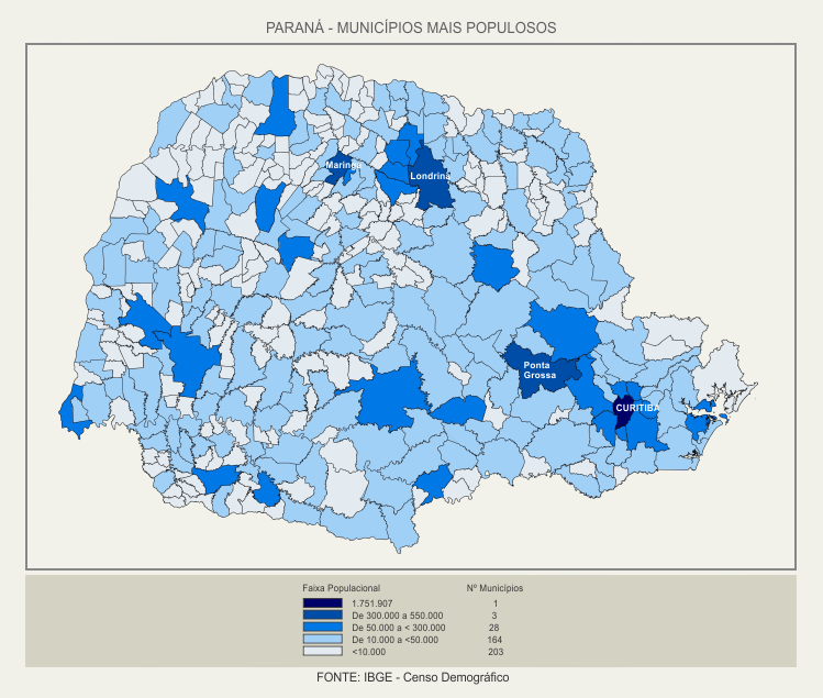 Mapa Paraná municípios mais populosos