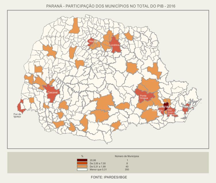 Mapa do Paraná com a participação dos municípios no total do PIB